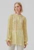 丹麦小众设计师 早春款鹅黄色百褶皱雪纺印花宽松长袖上衣衬衫