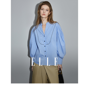 ELLE法式高级感蓝色条纹宽松衬衫女2024春装别致漂亮小众上衣