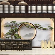 新中式山水客厅沙发背景墙布8D立体浮雕壁纸办公室酒店迎客松壁画
