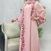 中东迪拜土耳其时尚街头雪纺粉色圆领刺绣长款拖地连衣裙女带头巾