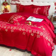 高档中式刺绣结婚四件套大红色床单被套全棉纯棉婚庆床上用品婚房