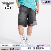 BOYLONDON潮牌男士短裤夏季破洞不对称金属链条复古牛仔裤M53000