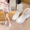 白色珍珠流苏甜美气质，风短靴2024年时尚秋冬季粗跟高跟鞋子