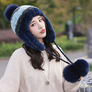 冬季獭兔毛拼色护耳帽狐狸，毛球可爱蓝色，皮草帽子加厚保暖女