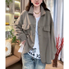 韩版设计感夹克上衣女翻领口袋中长款衬衣毛圈外套潮2024春