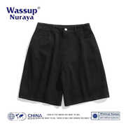 WassupNuraya夏季纯色水洗直筒牛仔五分裤日系复古宽松短裤男