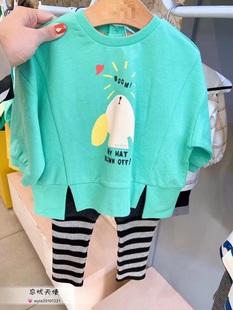 韩国潮童装 春女童宝宝浅绿色洋气卫衣长袖 拼接打底裤套装