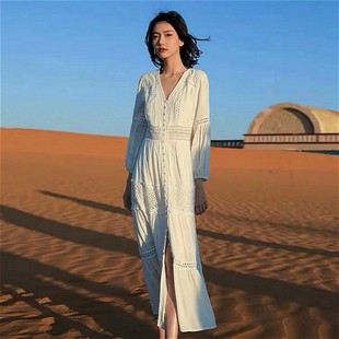 海南三亚泰国海边沙漠旅游度假沙滩裙长裙白色镂空蕾丝连衣裙超仙