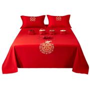红床单结婚单件新婚婚房双人，加大中式刺绣床上用品被单枕套三件套