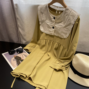 日系黄色长袖圆领连衣裙白色外搭披肩两件套时尚休闲洋气