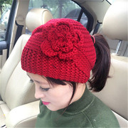 女士遮白发花朵帽子遮前额，头顶宽边毛线半帽发箍头饰红色女式冬冒