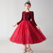 女童十岁生日礼服红色长袖公主裙高端钢琴演奏小主持人舞台演出服