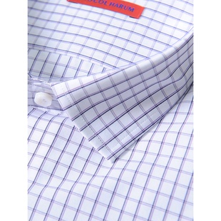 纯棉短袖衬衣男紫色，格子贝壳扣普洛克，24夏薄商务半袖衬衫