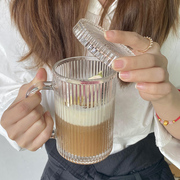 ins风简约竖条纹咖啡杯玻璃，杯子带把手，有盖带勺拿铁马克水杯透明