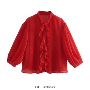 欧美女装   2022夏季小众款灯笼袖木耳边饰雪纺衫红色七分袖衬衫