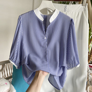 衬衣女2023夏装立领拼色蓝白条纹，ol风气质，小众泡泡袖雪纺衬衫