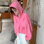 韩国2024春秋韩版宽松连帽短款抽绳卫衣女小众设计感纯色粉色