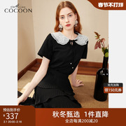 miss COCOON宽松T恤2023秋装别致刺绣减龄撞色娃娃领短袖上衣