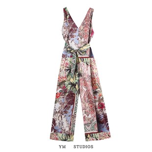 欧美女装热带风情树叶花卉，印花度假风连体，裤气质收腰连身长裤