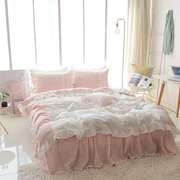 简约纯棉水洗棉蕾丝，公主床裙四件套，纯色全棉床单被套1.8m床上