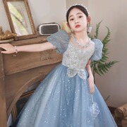 蓝色公主裙春季六一儿童节泡泡，袖甜美花童钢琴女童礼服