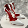 白色漆皮包头一字网红拍照尖头，高跟鞋细跟系带女性感浅口凉鞋12cm