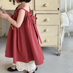韩系童装2024夏季女童连衣裙复古红色无袖吊带裙棉布裙洋气潮