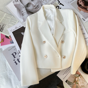 双排扣白色西装外套女修身2022春秋季纯色小个子气质长袖短款西服