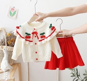 女童毛衣套装两件套秋冬装儿童装针织套裙女宝宝洋气时髦樱桃开衫