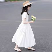 女童夏季连衣裙2024韩版儿童白色裙子中大童圆领纯色海边长裙