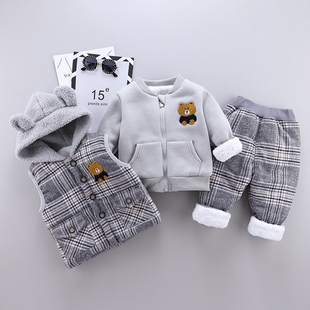 婴儿秋冬装三件套装加绒加厚洋气宝宝衣服，0一1-2-3岁男童女童外套