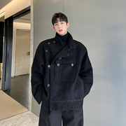 冬季韩国立领加厚羊羔毛外套男小众斜扣大口袋设计感痞帅廓形风衣