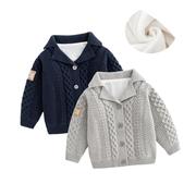 婴儿毛线衣冬装外套小童保暖麻花针织加绒外套欧美风男宝洋气开衫