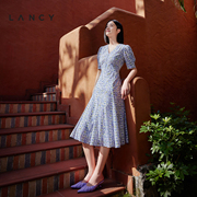 lancy朗姿2024夏季法式泡泡，袖印花连衣裙，女中长款气质裙子棉