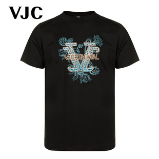 VJC/威杰思2024年夏季男装圆领T恤艺术字母花短袖休闲上衣