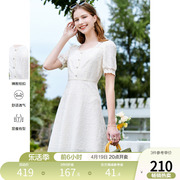 betu百图女装2024年夏季法式方领白色蕾丝，短袖气质连衣裙子