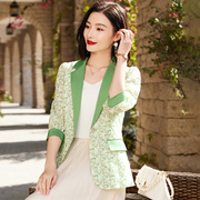 绿色七分袖西装外套女春季2023女装春装小个子设计感小众西服