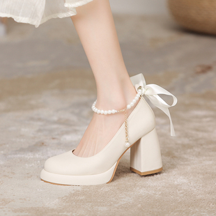 白色玛丽珍鞋2024法式仙女风，丝带厚底防水台高跟鞋大码40–43