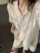韩版简约条纹短袖睡衣女夏季纯棉纱布大码蕾丝边基础款家居服套装