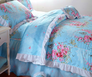 全棉床套床裙床m罩式蓝色，公主风格横纹四件套，田园印花床上用