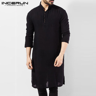 中东印度男式衬衫装长袖，长袍阿拉伯风格时尚，简约长款男仿棉麻衬衫