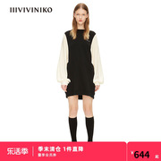 IIIVIVINIKO春夏茧型黑白拼色羊毛连衣裙女W210633352A