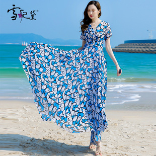 夏季蓝色雪纺碎花连衣裙女长款到脚踝海边沙滩超长显瘦短袖大摆裙