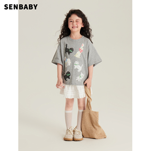 senbaby童装定制儿童夏装短袖韩版上衣，中大童宽松百搭可爱动物t恤