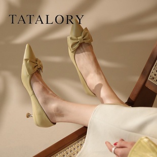 TATA LORY女鞋2024法式蝴蝶结尖头高跟鞋女细跟真皮浅口单鞋