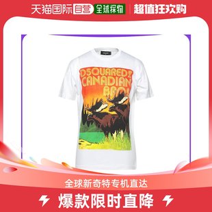 香港直邮潮奢Dsquared2男士T恤白色短袖麋鹿图案修身简约日常百搭