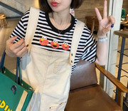 韩国东大门短袖韩国进出口女装夏季气质黑白条纹卡通图案T恤女