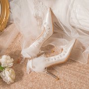 白色法式婚鞋新娘鞋小众高级感蕾丝配主婚纱高跟鞋女细跟伴娘鞋