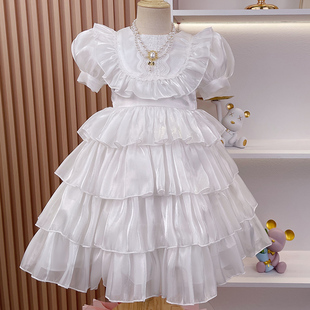 女童洋气连衣裙2024夏季白色，小女孩蛋糕裙，公主裙儿童蓬蓬裙子