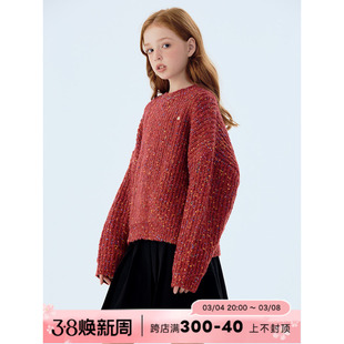 mpeng女童灰色红色毛衣彩色毛球设计宽松休闲百搭套头上衣